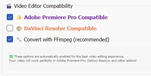 One checkbox for Premiere Pro, one for DaVinci Resolve. Nabbr auto-enables FFmpeg conversion with the right codec settings so every download drops straight into your timeline — no re-encoding required.