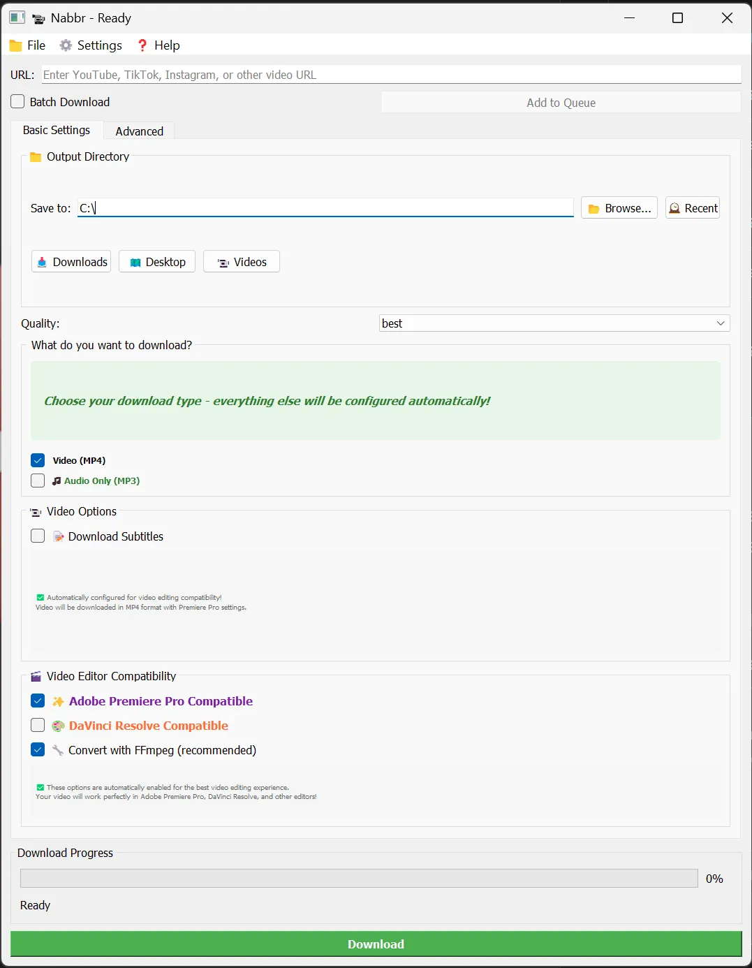 Nabbr main interface showing URL input, output directory, quality selector, download type options, video editor compatibility checkboxes, and download progress bar